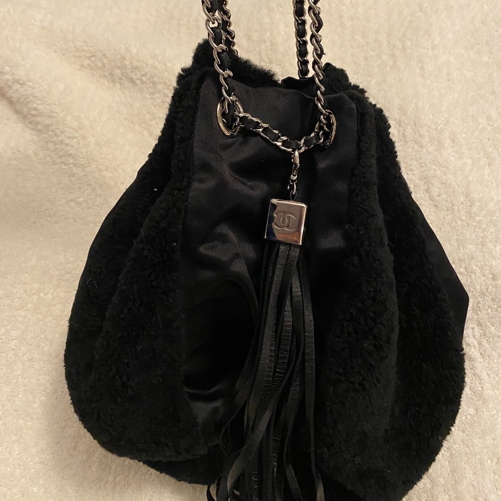Chanel shearling and silk, leather evening bag